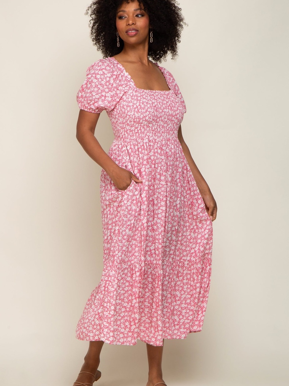 Pink Floral Smocked Short Sleeve Midi Dress